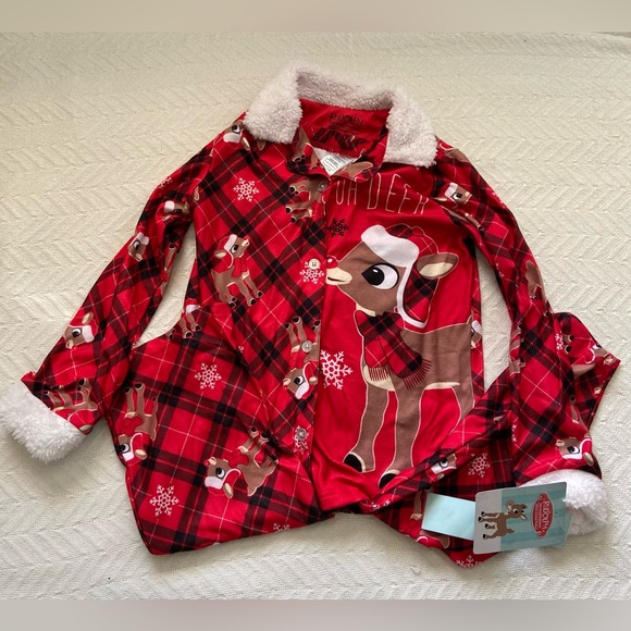 Rudolph Girl's Plaid 'Oh Deer' Button Down Flannel Christmas Pajama Set - Picture 2 of 10